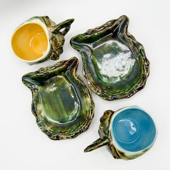 Majolica Tea Cup and Saucers Vintage Barbotine Shell Oyster Green Glaze Pair - Picture 7 of 13